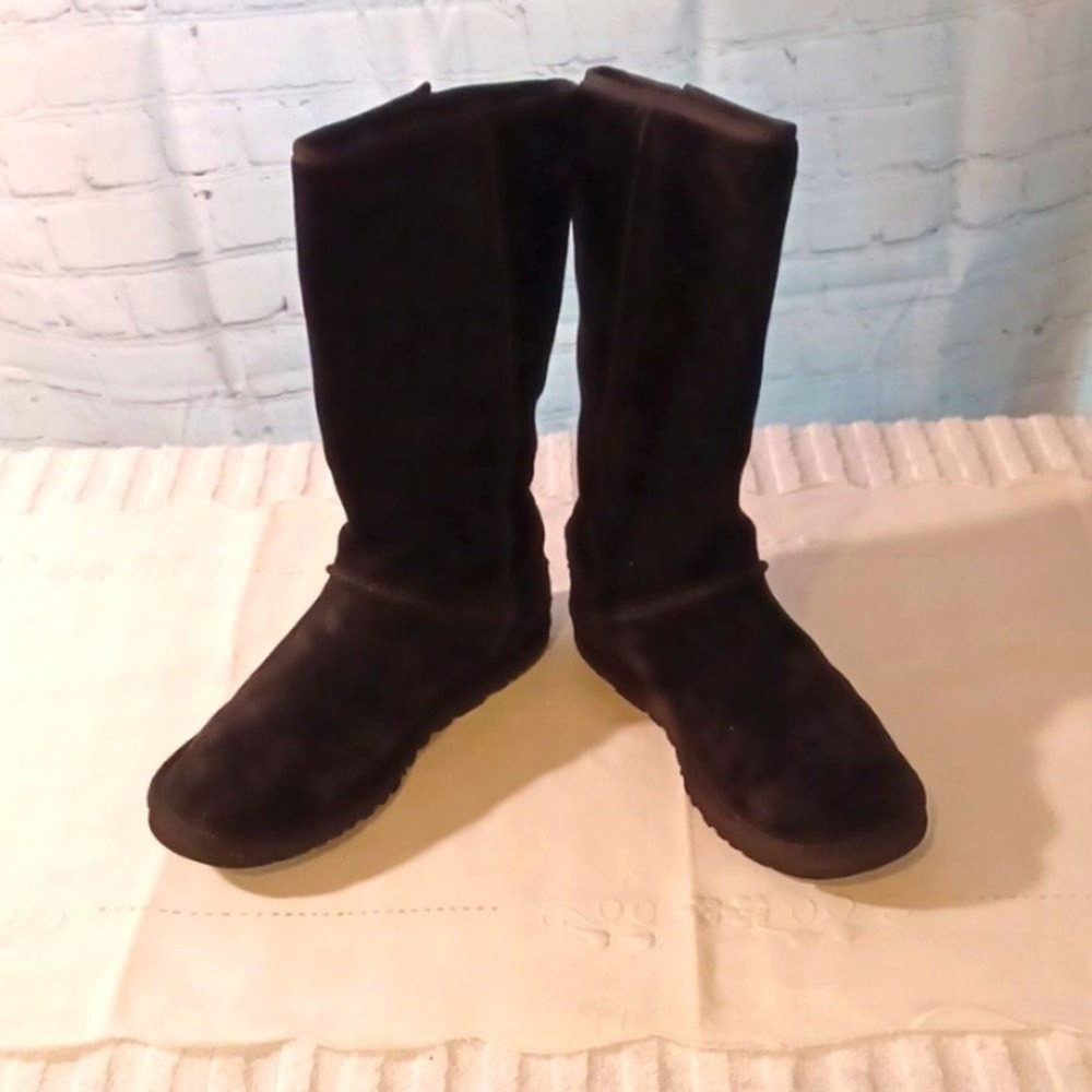 Ugg Eva Button Black Woman's Leather Boots Size 7 Sheepskin Lined